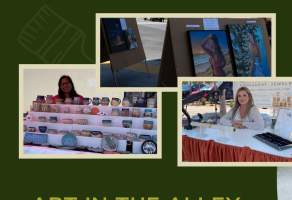 three photos of art vendors, with papal picado. Text: Art in the Alley. 30+ Talented local artists & Talented artisans in Gourmet Alley