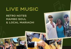 three photos of music performance artists, with papal picado. Text: Live Music. Retro Notes, Mambo Soul & Local Mariachi