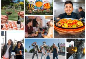 Photo collage; pair of wine glasses, Balloon Flight ride at Gilroy Gardens,  server with a fresh plate of food, group of friends out for drinks, beer glass pour, family crossing a downtown street with Old City Hall Restaurant in the back, and two women shopping