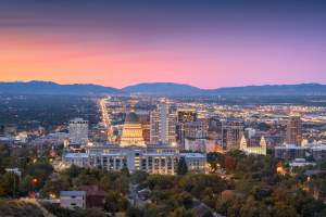 Sunset view of the Salt Lake Valley with the capitol building looking down State street