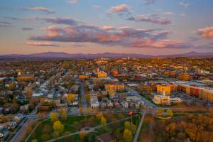 sunset glow over Burlington city and the distant mountains