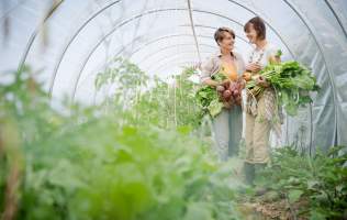 Two women stand in a greenhouse with fresh vegetables in their arms at Red Acre Farm CSA in Cedar City, Utah