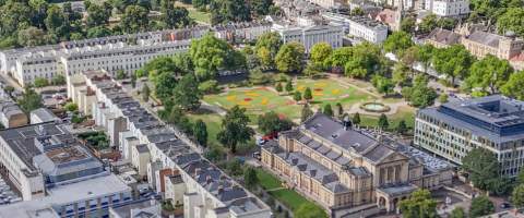 Aerial view of Cheltenham Town Hall, Imperial Square, Imperial Gardens and surrounding areas.