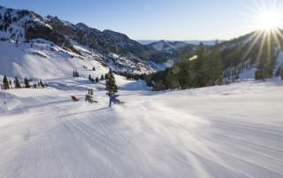 Skier going down a run at Snowbird Resort.