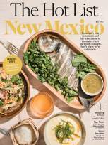 New Mexico Magazine cover titled "The Hot List New Mexico" features a wooden platter with a whole fish garnished with herbs.