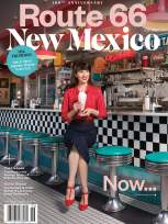 June 2026 New Mexico Magazine Cover. Retro diner scene with a smiling woman in a red blouse and navy skirt, sitting on a stool holding a milkshake.