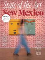 New Mexico Magazine's September 2026 cover features two colorful, face-like artworks mounted on a patterned pink wall as a visitor walks by.