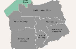 Great Salt Lake area highlighted green on a map of Salt Lake County areas