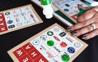 Bingo stamp card being stamped. it says BREW HAHA at the top