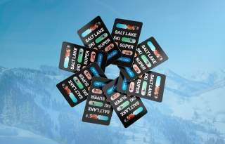 8 super pass cards in a circle on top of a faded blue background of mountains with snow