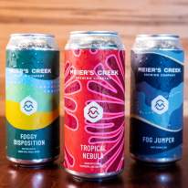 Three flavors of Meier's Creek Beer in cans