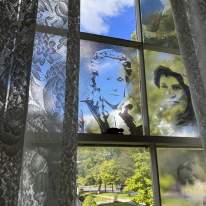 Matilda Joslyn Gage figure on window glass