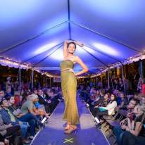 Model Wearing a Gold Dress Strikes a Pose at End of Runway as Guests Watch from Seats