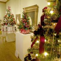 Holiday Trees decorated in a row at the Everson Museum's Festival of Trees