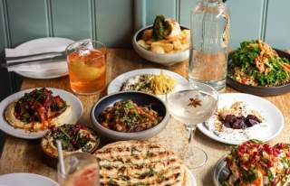 Selection of food and drink on table