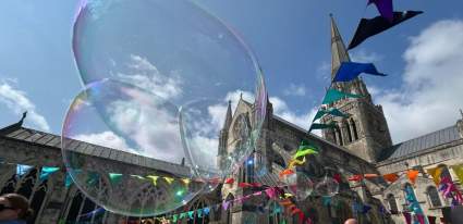 Bunting and bubbles in against Chichester Cathedral