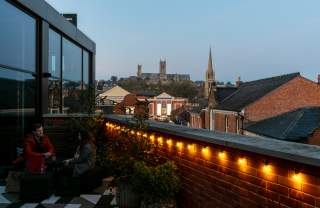 The view from the Everyman Cinema balcony, looking over the Cornhill Quarter with Lincoln Cathedral in the background