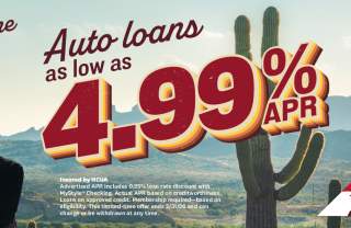 Woman sitting on the hood of a car. Text over it says Auto-loans as low as 4.99% APR. Limited time offer. Mountain America Credit Union. With fine print that says Insured by NCUA. Advertised APR includes 0.25% loan rate discount with MyStyle(r) Checking. Actual APR based on creditworthiness. Loans on approved credit. Membership required--based on eligibility. This limited-time offer ends 3/31/2026 and can change or be withdrawn at any time.