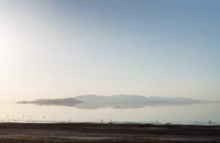 Shoreline of Great Salt Lake near the marina looking out toward Antelope island