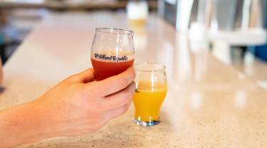 Two sample beer glasses on bar countertop with one held by customer
