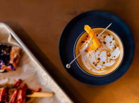 coffee and food shot overhead on table