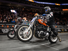 Motorcyclist getting ready at the start of a race inside Fiserv Forum for Flat Out Friday.