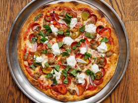 Flourchild Pizza photographed overhead