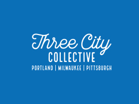 white "Three City Collective" logo on blue background; text reads: Three City Collective Portland | Milwaukee | Pittsburgh