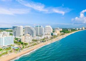 Aerial view of Fort Lauderdale beach hotels taken from over the Atlantic Ocean