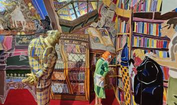 A whimsical, colorful artistic depiction of shoppers in a gift store.