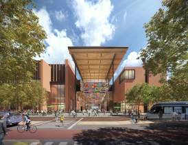 Austin Convention Center rendering showing the new building's West Entrance from street level with pedestrians, cyclists and a light rail along the street. The multi-story building includes a mural along the ceiling of the entrance