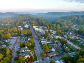 An aerial view of downtown Highlands, North Carolina.