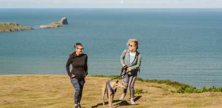 Couple walking their greyhound on coastline