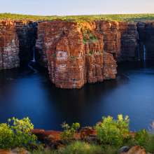 A view of the twin waterfalls at King George Falls on the Kimberley coast, taken from a viewing point on land directly opposite the falls