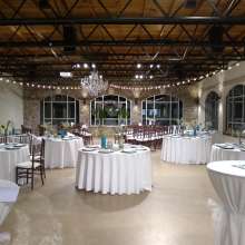 Room with tables decorated for a wedding reception