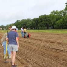 Volunteers and park staff plant seeds.