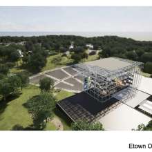 Rendering of an aerial shot of the Outdoor Venue that also shows the back of the stage.