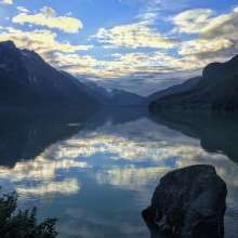 Mirror of the mountains reflected in Chilkoot Lake
