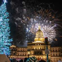 Fireworks exploding over the State Capitol Building with the state tree lit in the foreground.