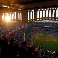 Fan view atop Yankees Stadium at sunset