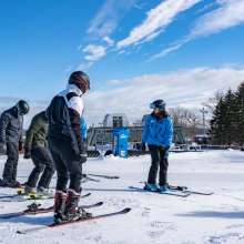 A group of skiers taking lessons at a ski school
