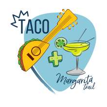 A light blue guitar pick shape, on top of which is text that reads "Taco + Margarita Trail." There is a guitar whose base is a taco and a margarita that has drumsticks on top.