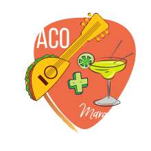 Orange guitar pick shape with words "Taco + Margarita Trail" in white. On top is a guitar with a base of a taco and a margarita with drum sticks.