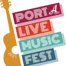 A logo that is half a guitar in yellow on the left and on the right are four lines of text. "Port A" is at the top in maroon, then "Live" in orange, "Music" in a light teal, and "Fest" in a darker teal.