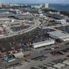 Aerial image of Horizon Terminal with imported cars parked in the lot ready for transport to dealership.