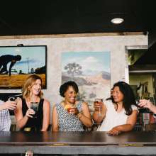 A group of people sitting at a bar smiling