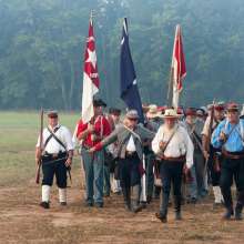 Men walking, civil war reenactment