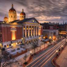 an aerial view of the York County Courthouse in Downtown York