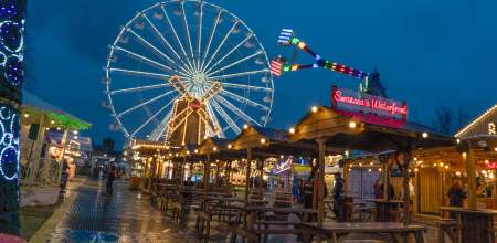 The big wheel lit up in the dark at Waterfront Winterland.