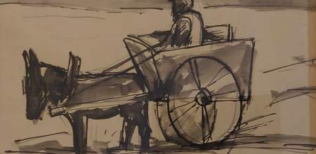 A drawing of a cocklewoman on a cart being pulled by a donkey.